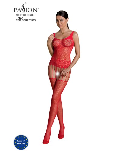 Бодістокінг Passion ECO BS001 One Size red, з доступом, імітація підв’язок, флористичний декор