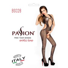 Бодістокінг Passion BS028 black, комбінезон, дрібна сіточка з квітковим малюнком на ногах