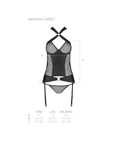 Сетчатый комплект корсет с халтером, съемные подвязки и трусики Amanda Corset black L/XL - Passion