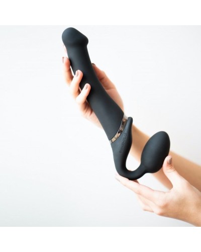 Безремневой страпон с вибрацией Strap-On-Me Vibrating Black L, диаметр 3,7см, пульт ДУ, регулируемый