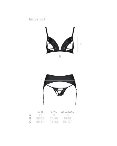 Комплект з екошкіри Passion Miley Set black S/M: трусики, бюстгальтер, пояс для панчіх