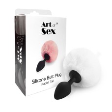Силіконова анальна пробка М Art of Sex - Silicone Bunny Tails Butt plug, колір Білий, діаметр 3,5 см