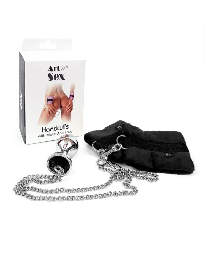 Наручники с металлической анальной пробкой Art of Sex Handcuffs with Metal Anal Plug  size M Black