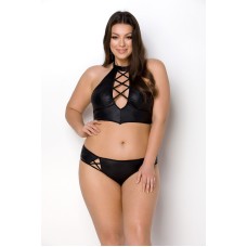 Комплект з екошкіри Passion Nancy Bikini 6XL/7XL black, бра та трусики з імітацією шнурівки