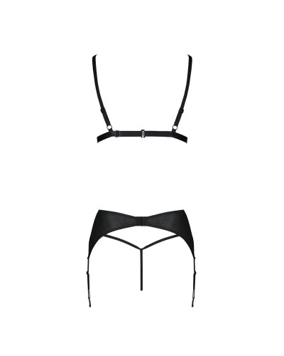 Комплект з екошкіри Passion Miley Set black L/XL: трусики, бюстгальтер, пояс для панчіх