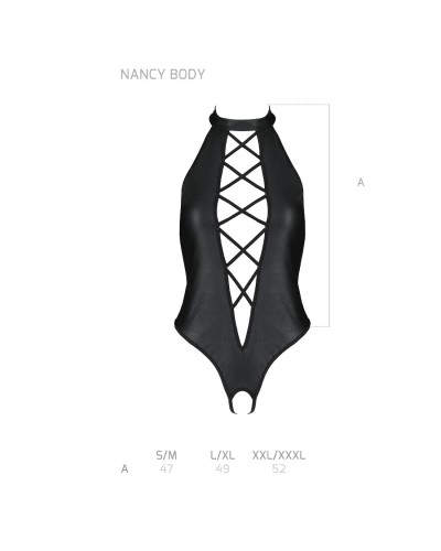 Боди из эко-кожи с имитацией шнуровки и открытым доступом Nancy Body black S/M - Passion