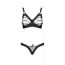 Комплект з екошкіри Passion Celine Bikini 4XL/5XL black, відкритий бра, стрінги зі шнурівкою