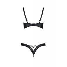 Комплект з екошкіри Passion Celine Bikini 4XL/5XL black, відкритий бра, стрінги зі шнурівкою