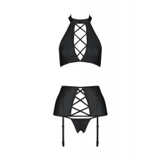 Комплект із екошкіри Passion Nancy Set 6XL/7XL black, імітація шнурівки, топ, пояс для панчіх