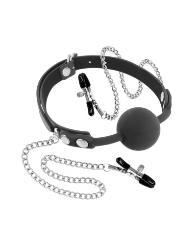 Кляп с силиконовым шариком и зажимами для сосков Fetish Tentation Gag Ball with Nipple Clamps