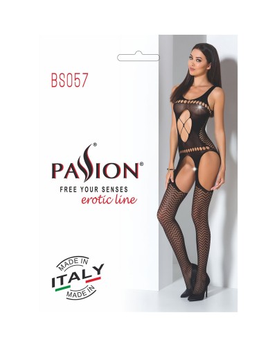 Бодістокінг Passion BS057 black, комбінезон, імітація панчох і пояса