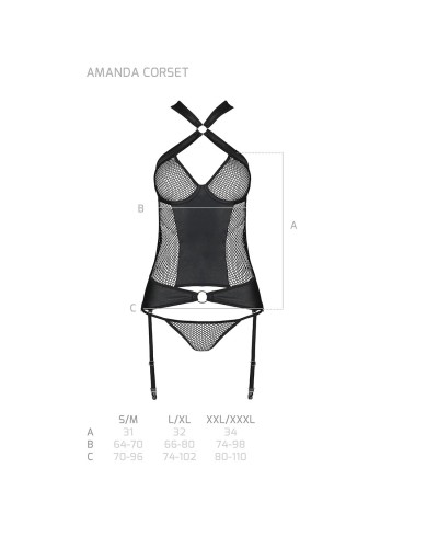 Сетчатый комплект корсет с халтером, съемные подвязки и трусики Amanda Corset black S/M - Passion