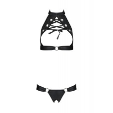 Комплект із екошкіри Passion Malwia Set with Open Bra 6XL/7XL black, топ та трусики з люверсами