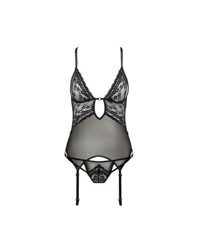 Корсет с декольте ERZA CORSET black L/XL - Passion, пажи, трусики, полупрозрачный