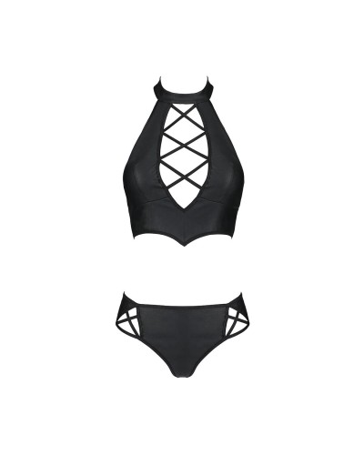 Комплект з еко-шкіри Nancy Bikini black L/XL - Passion, бра та трусики з імітацією шнурівки 