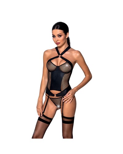 Сетчатый комплект корсет с халтером, съемные подвязки и трусики Amanda Corset black XXL/XXXL - Passi