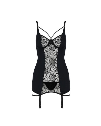 Сорочка приталена з пажами PAULINE CHEMISE black L/XL Passion, трусики