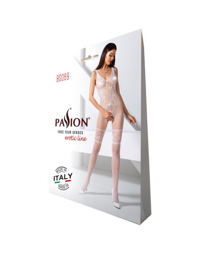 Бодістокінг Passion BS069 white, комбінезон, імітація панчох і боді