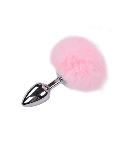 Металева анальна пробка Кролячий хвостик Alive Fluffy Plug M Pink, діаметр 3,4 см