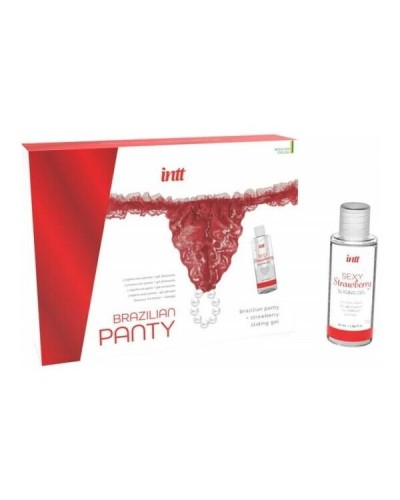 Набор Intt BRAZILIAN PANTY RED: трусики на завязках S-XL с жемчужным кольцом + клубничный лубрикант