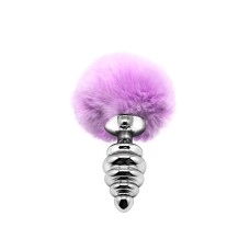 Металева анальна пробка Кролячий хвостик Alive Fluffy Twist Plug M Purple, діаметр 3,4 см