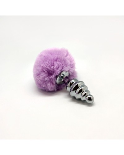 Металева анальна пробка Кролячий хвостик Alive Fluffy Twist Plug M Purple, діаметр 3,4 см