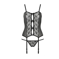 Корсет з пажами GRACIA CORSET black S/M - Passion, трусики, напівпрозорий