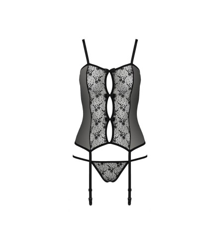 Корсет з пажами GRACIA CORSET black S/M - Passion, трусики, напівпрозорий