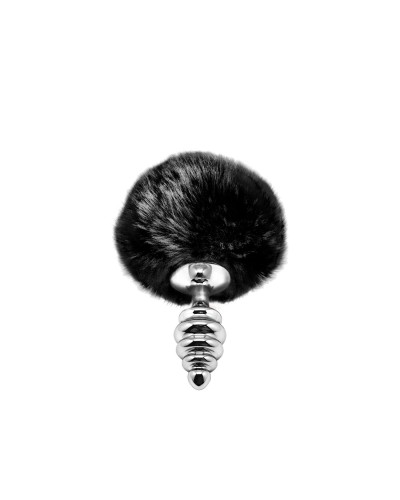 Металлическая анальная пробка Кроличий хвостик Alive Fluffy Twist Plug S Black, диаметр 2,9 см