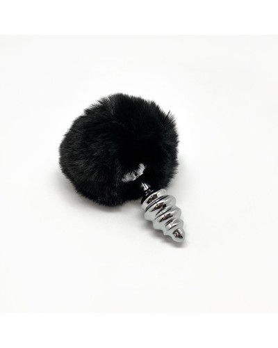 Металлическая анальная пробка Кроличий хвостик Alive Fluffy Twist Plug S Black, диаметр 2,9 см